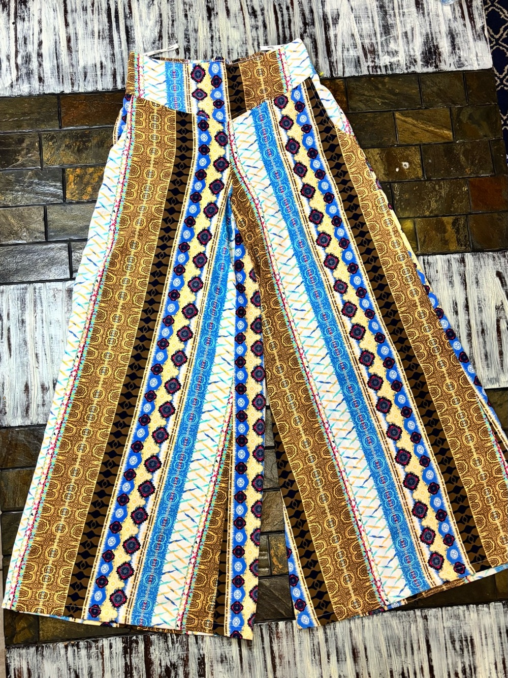 Voom Joy Han Women’s Medium Palazzo Wide Leg Pants Pull On Smoked Waist Tribal